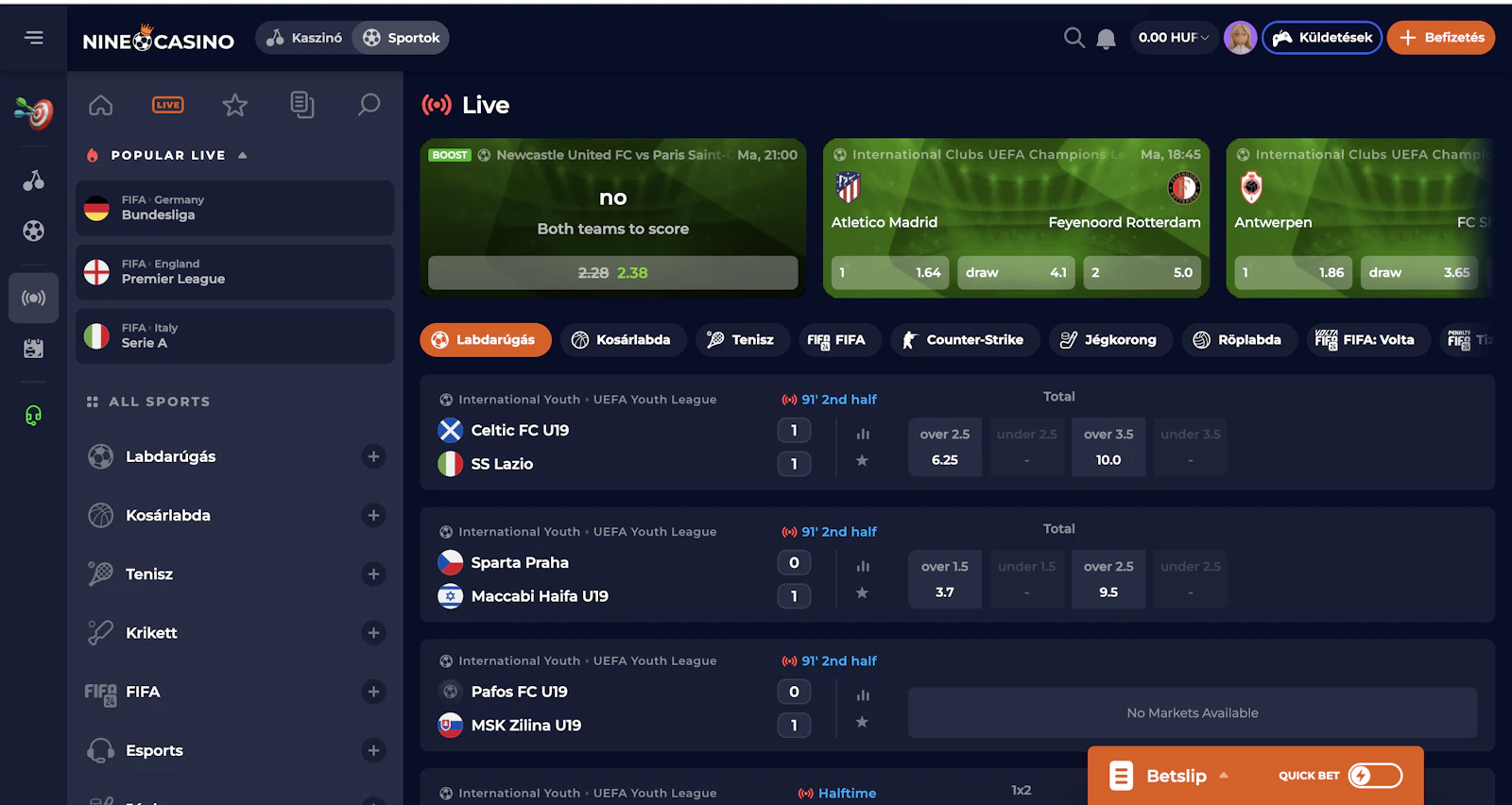 Nine Casino Élő fogadás