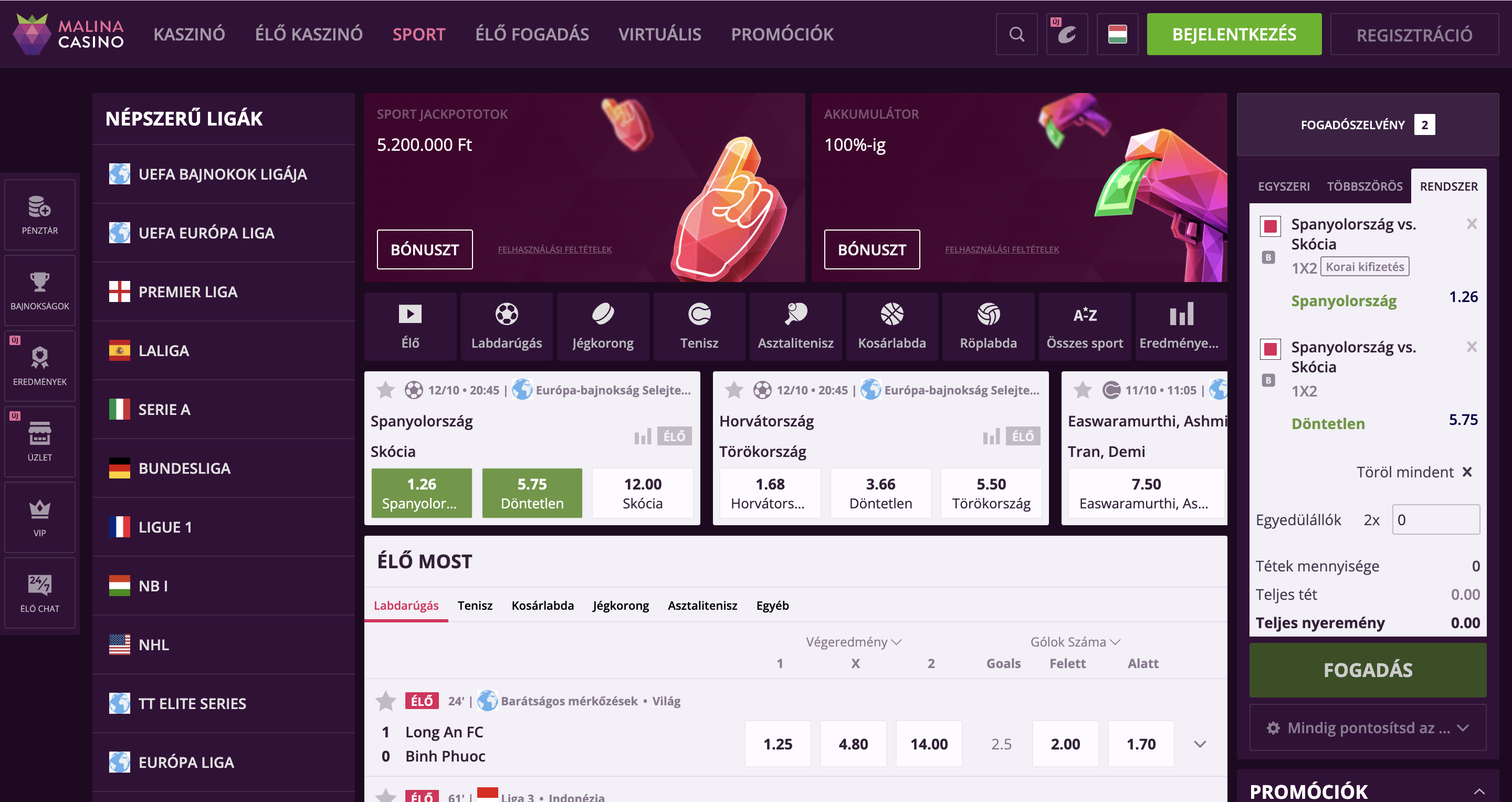 Malina Casino Sportfogadás kínálata