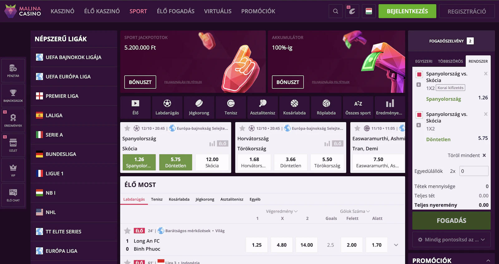 Malina Casino Sportfogadás kínálata