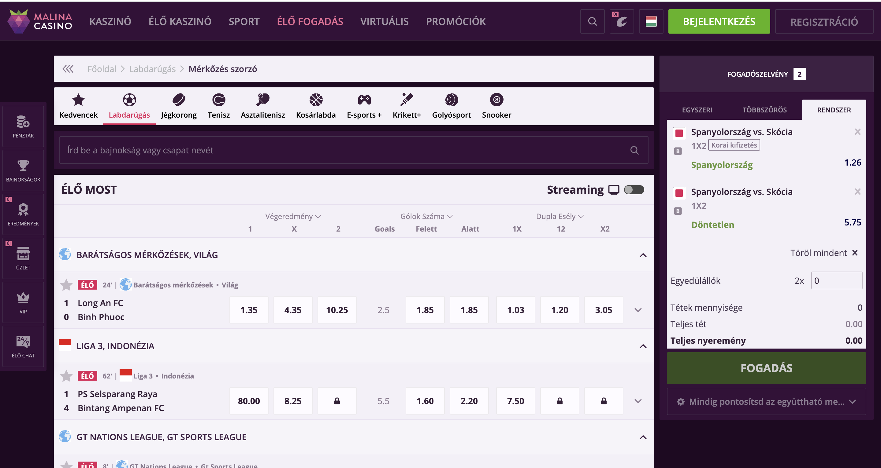 Malina Casino élő fogadás