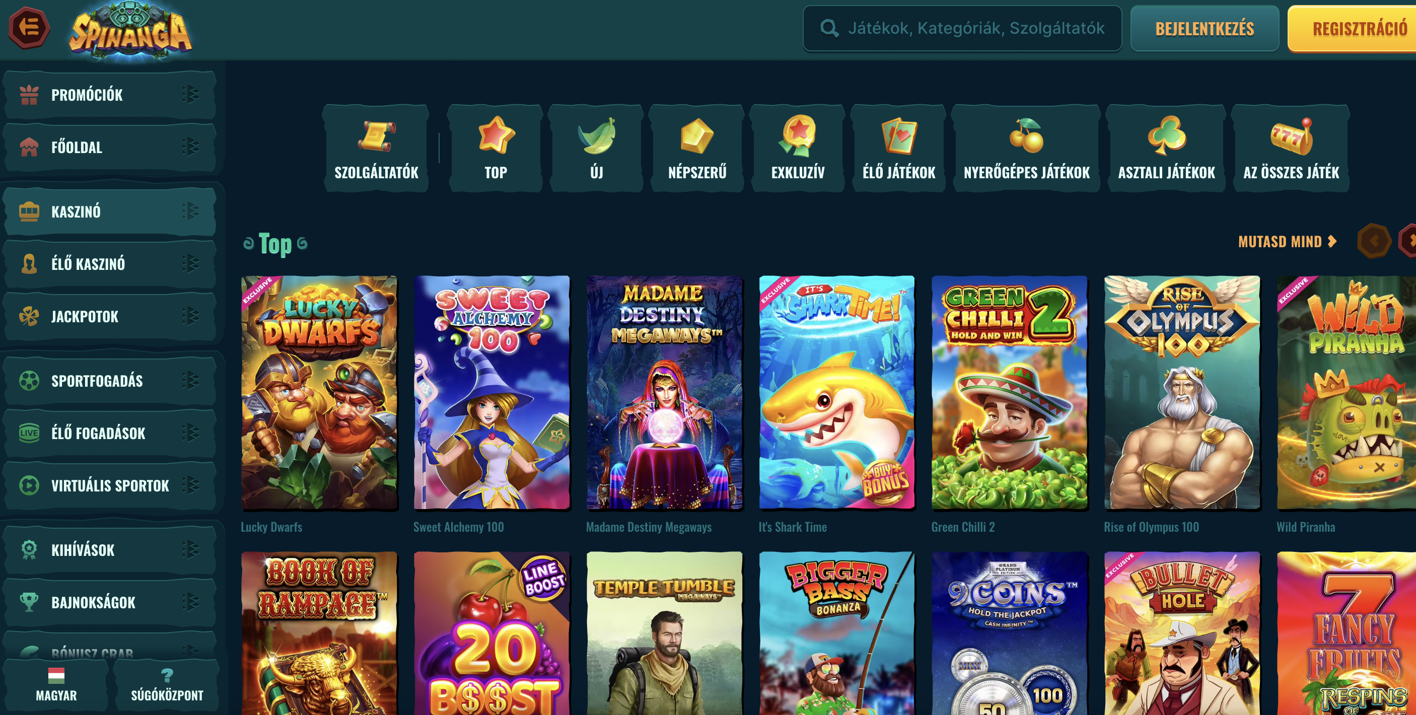 Spinanga Kaszinó kínálat