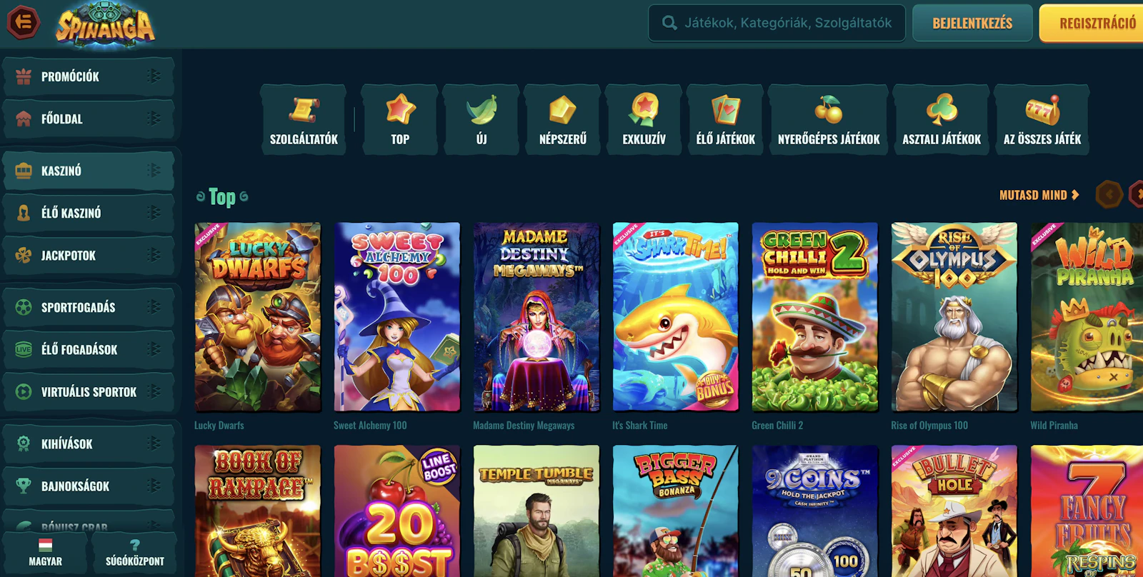 Spinanga Kaszinó kínálat