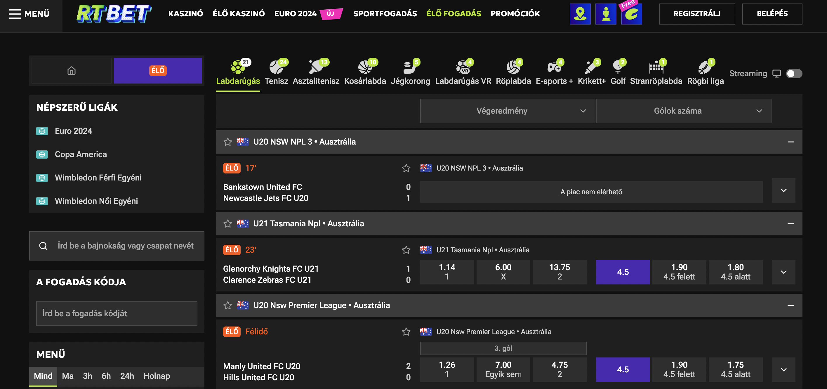 RTbet élő fogadás