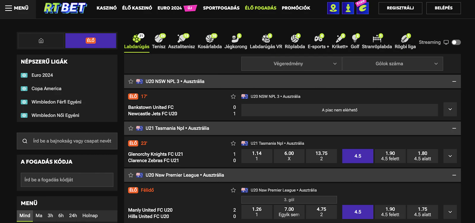 RTbet élő fogadás