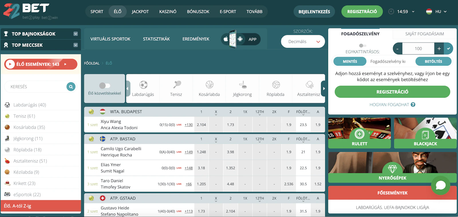 22bet élő fogadás